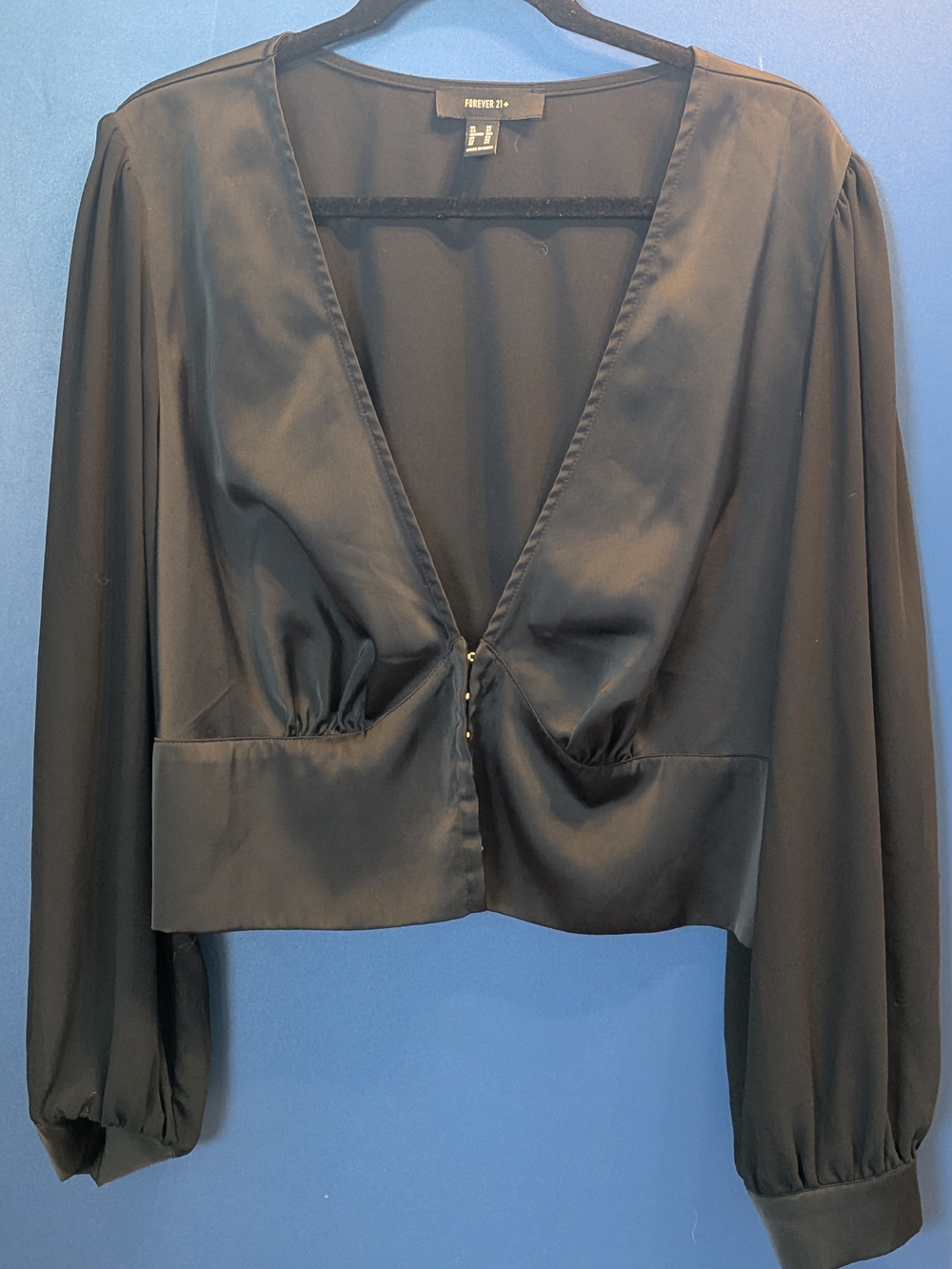 FOREVER 21 Black Satin-Look Plunge Cropped Blouse